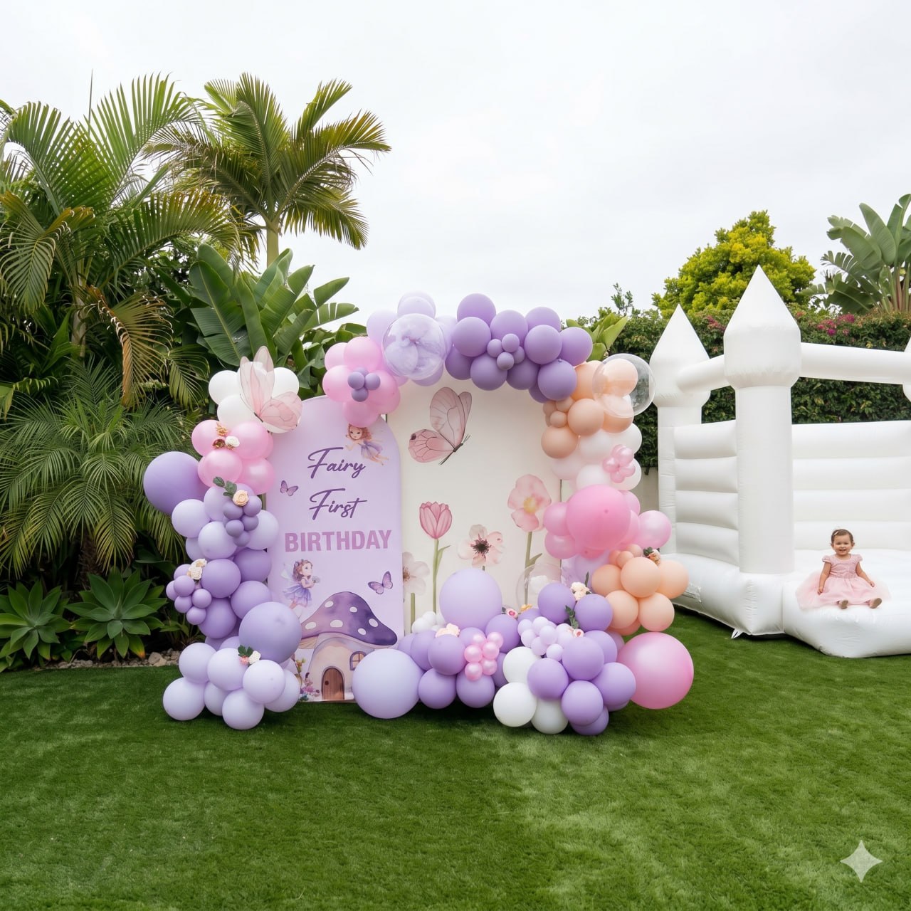 Fairy First Birthday — a real Party Box balloon arch in lilac, pink & peach styled in a garden